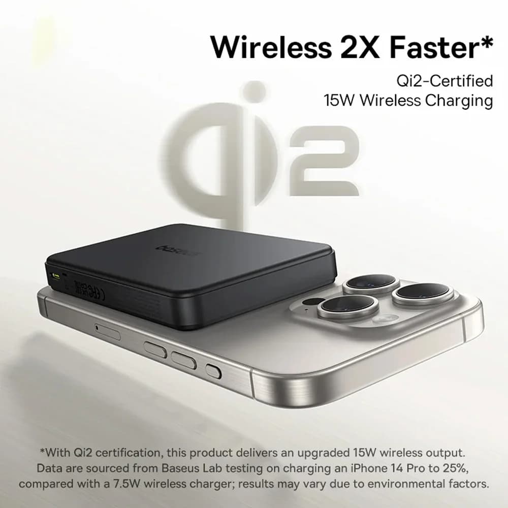 پاوربانک بی‌سیم 22.5 وات بیسوس مدل Airpow Ⅱ Qi2 Magnetic ظرفیت 10000 میلی‌آمپر ساعت